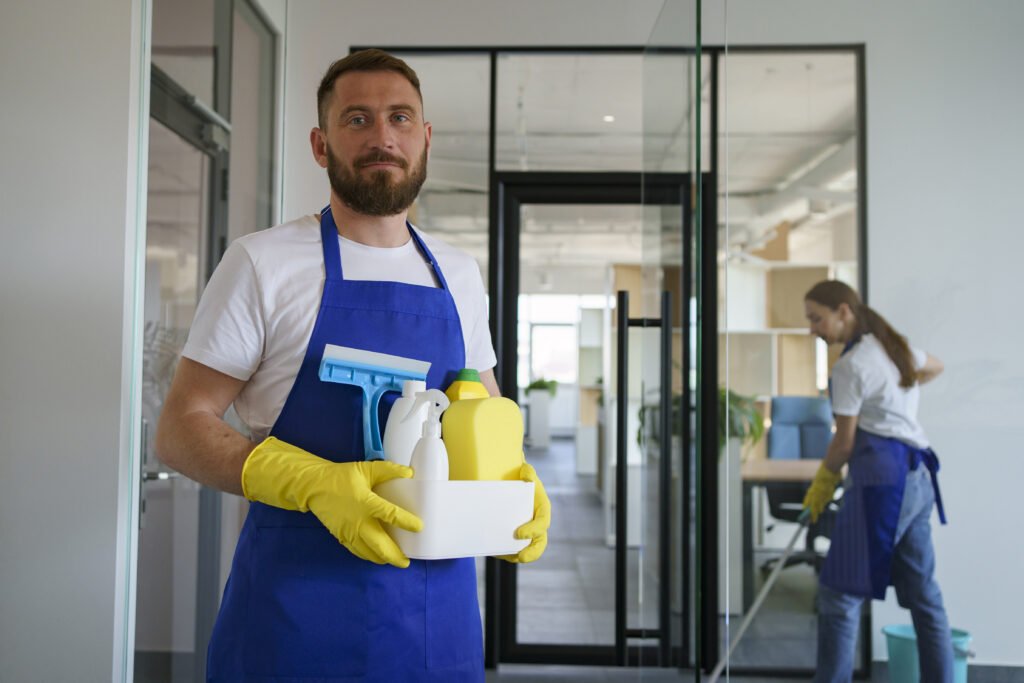 view professional cleaning service person holding supplies